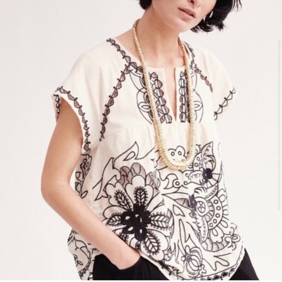Vanessa Virginia Anthropologie Embroidered Black & White Top size 14 - Picture 1 of 16